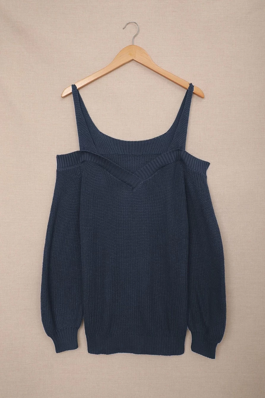 Women's Navy Blue Cold Shoulder Long Sleeve Knit Sweater | Shewin