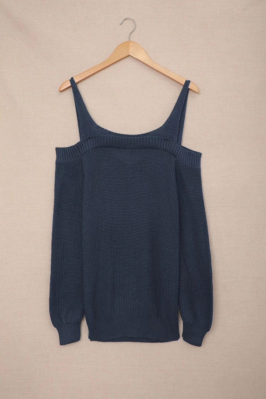 Women's Navy Blue Cold Shoulder Long Sleeve Knit Sweater | Shewin
