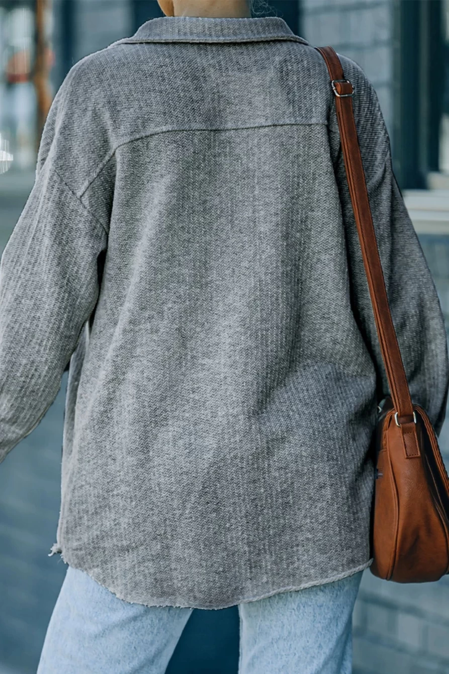 Women's Gray Textured Button-Down Shacket with Pocket by Shewin