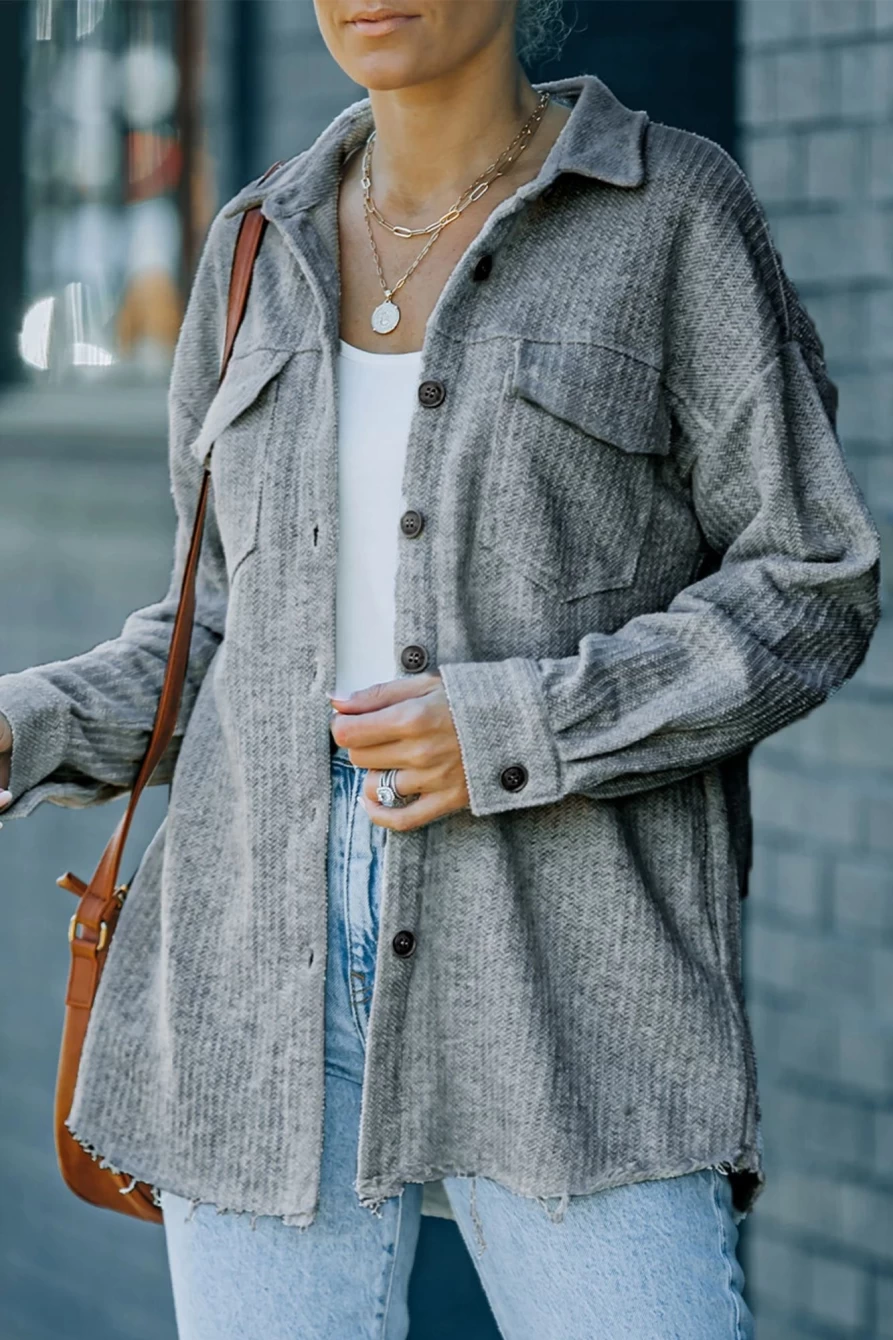 Women's Gray Textured Button-Down Shacket with Pocket by Shewin