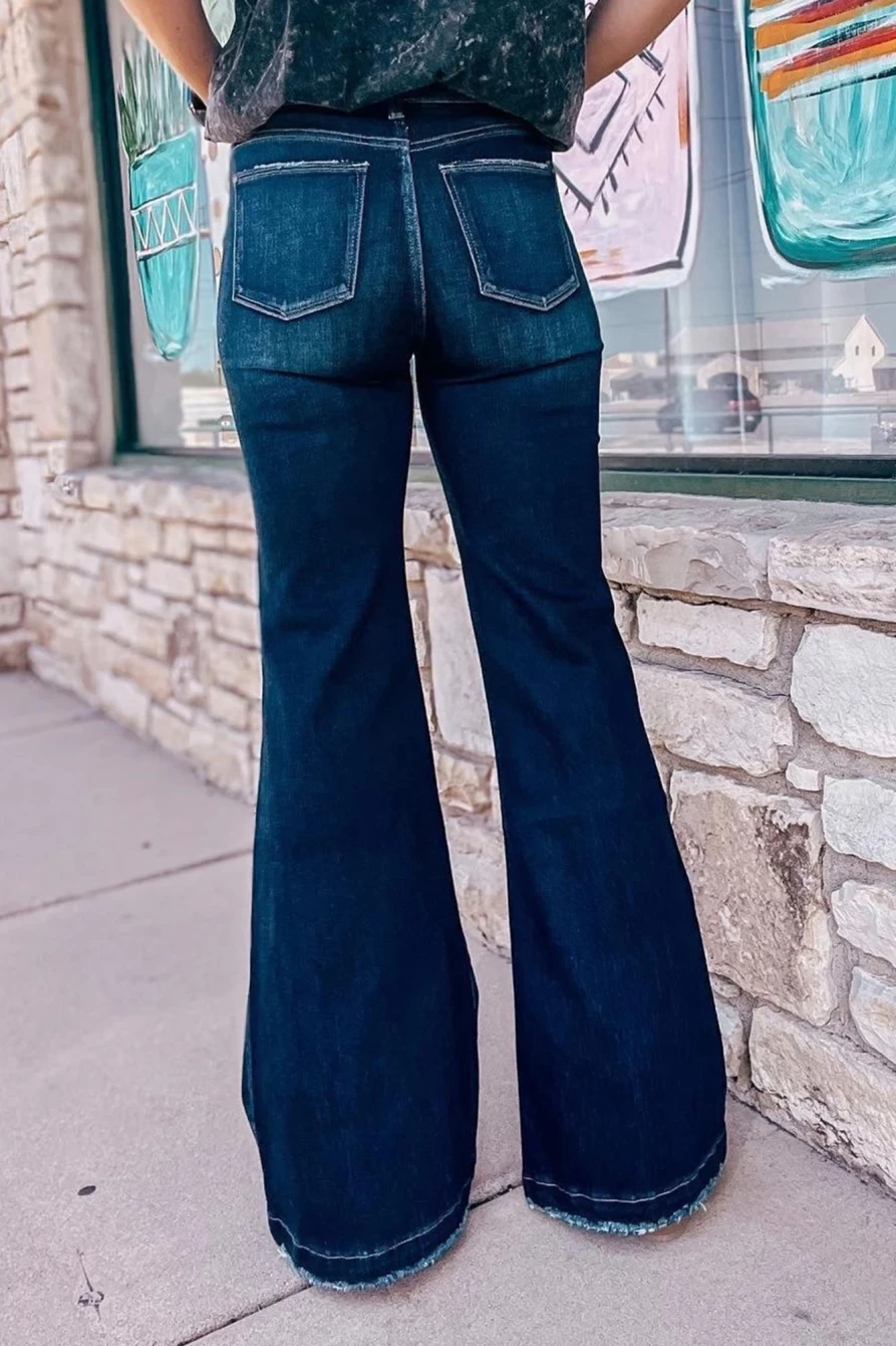 Shewin Women's Real Teal High Rise Ripped Flare Jeans - Vintage Bell Bottom Denim Pants