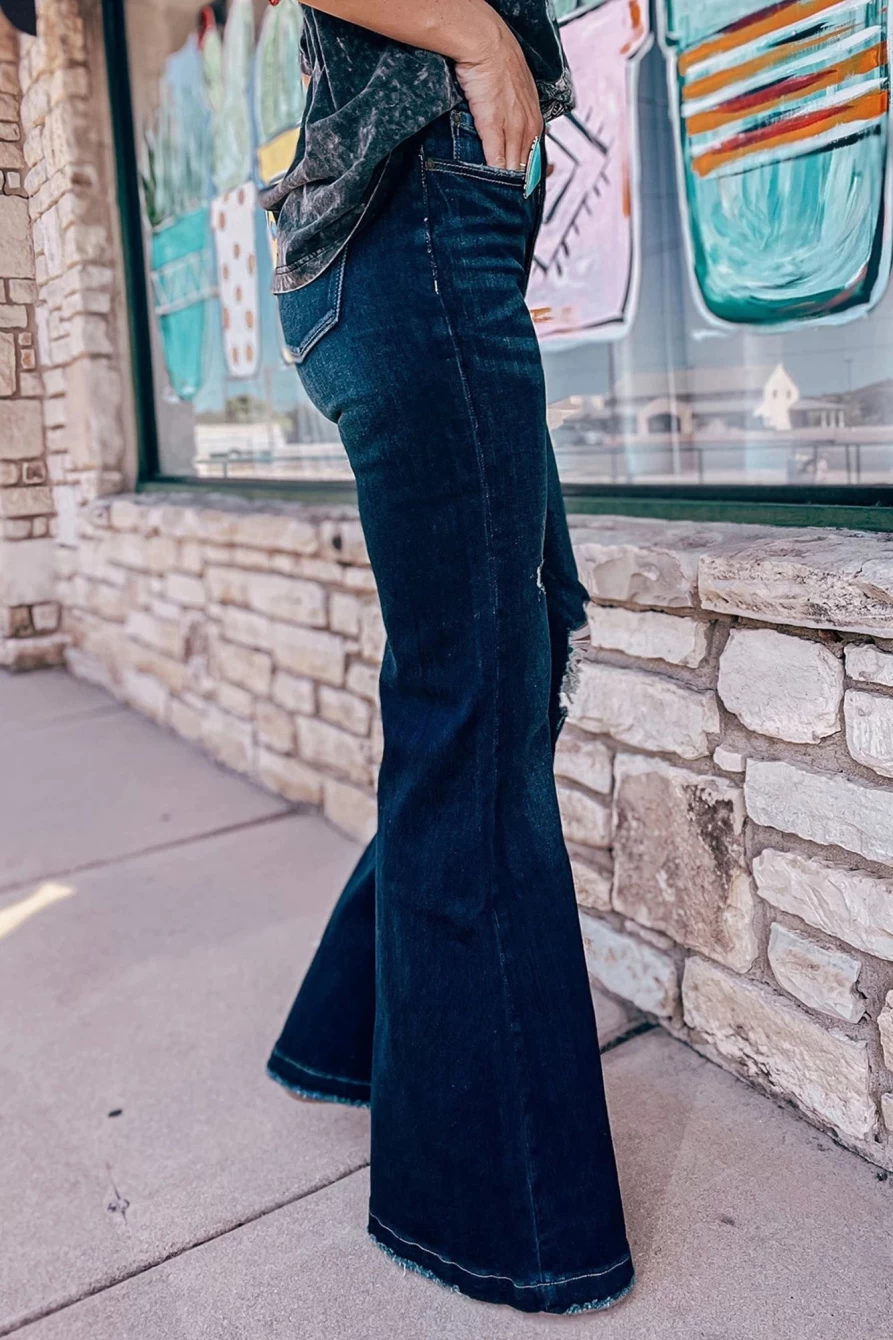 Shewin Women's Real Teal High Rise Ripped Flare Jeans - Vintage Bell Bottom Denim Pants