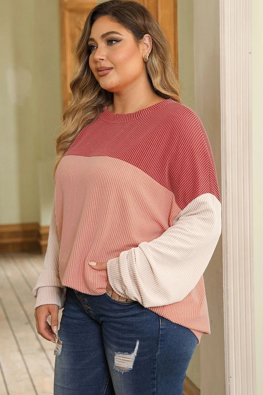 Shewin Women's Plus Size Mineral Red Ribbed Colorblock Long Sleeve T-Shirt