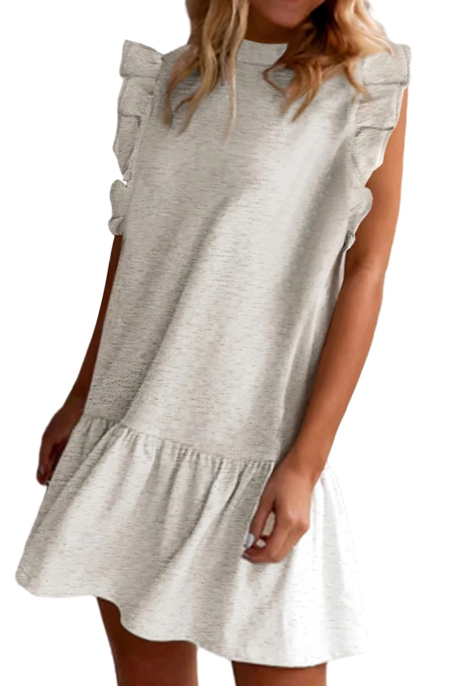 Shewin Women's White Solid Color Ruffle Hem Mini Sweatshirt Dress