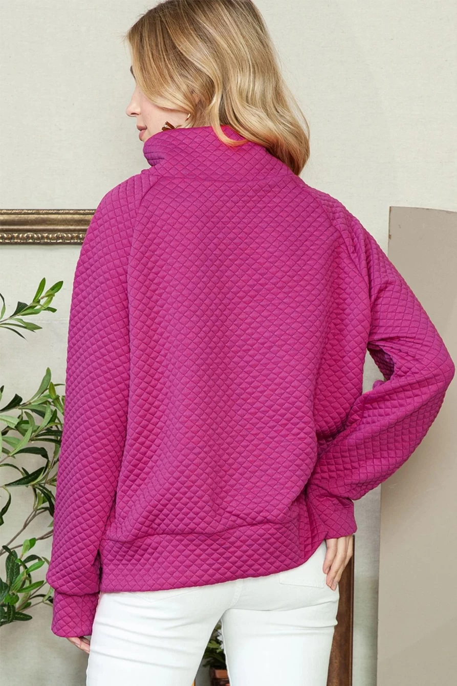 "Shewin Women's Rose Red Quilted Button-Detail Pullover Sweatshirt"