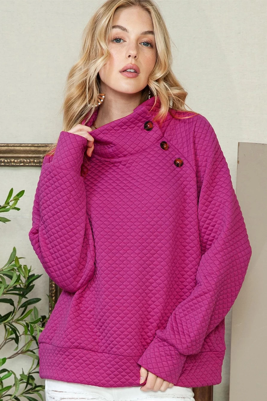 "Shewin Women's Rose Red Quilted Button-Detail Pullover Sweatshirt"