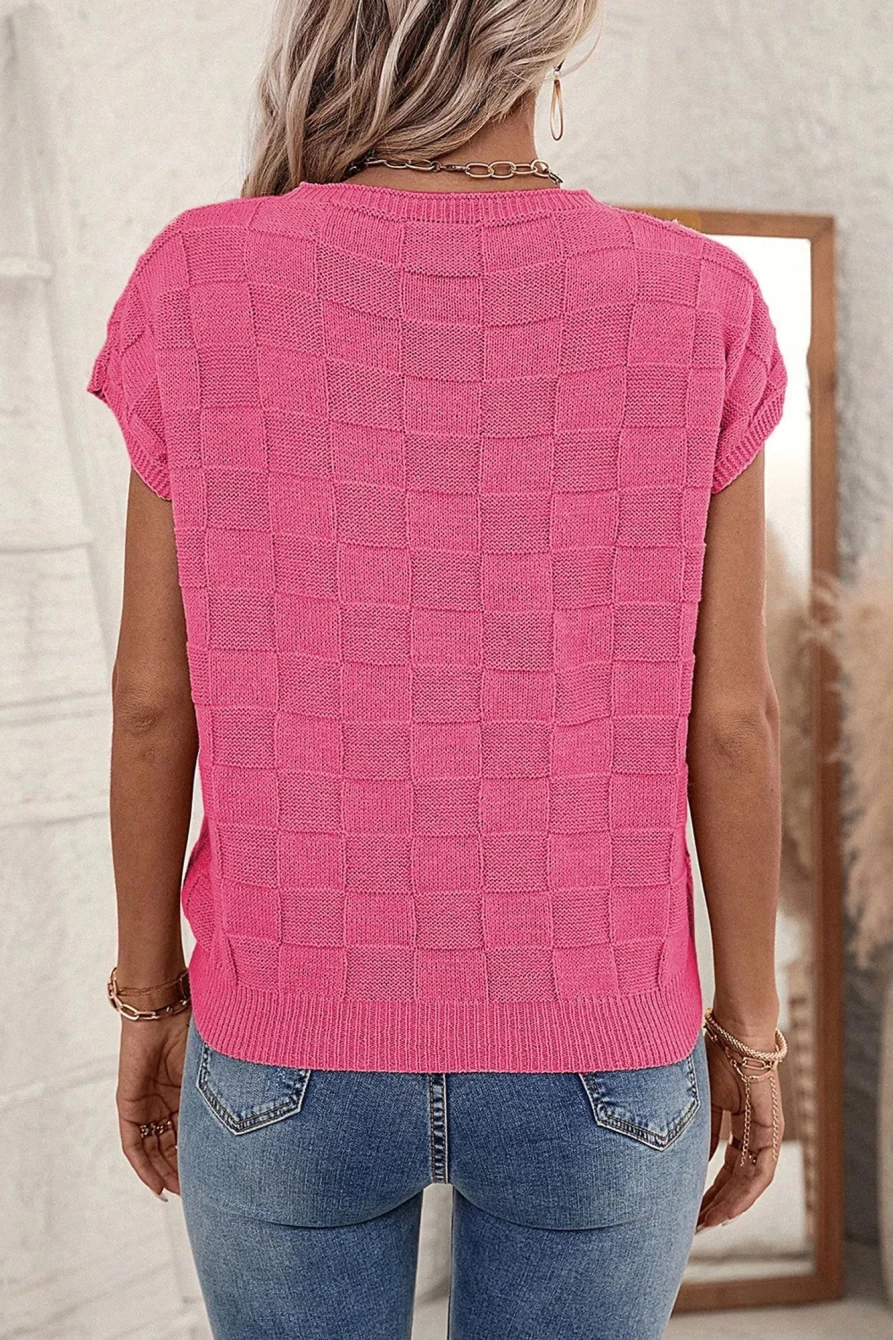 Shewin Women's Bright Pink Lattice Textured Knit Blouse with Chest Pocket