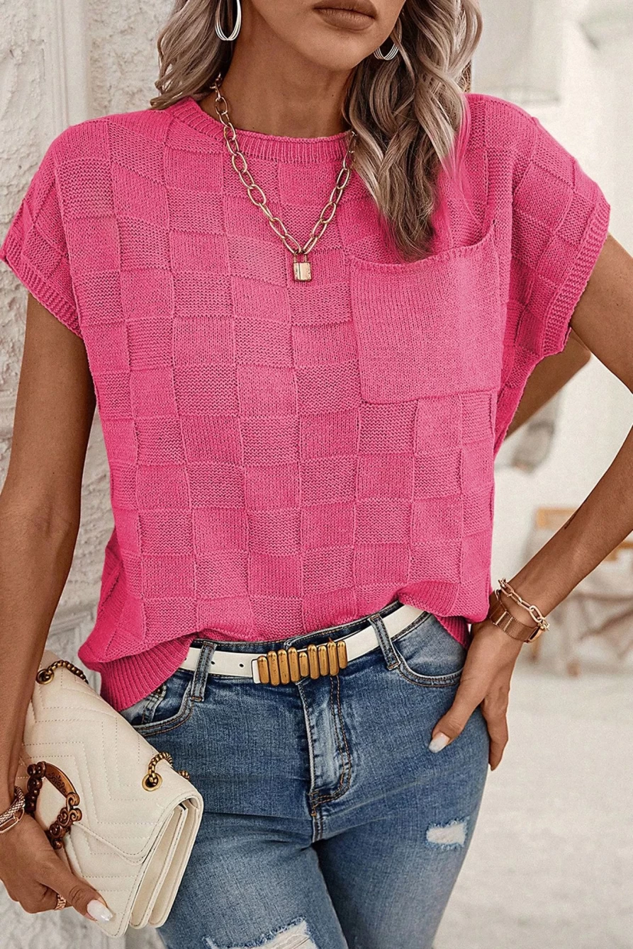 Shewin Women's Bright Pink Lattice Textured Knit Blouse with Chest Pocket