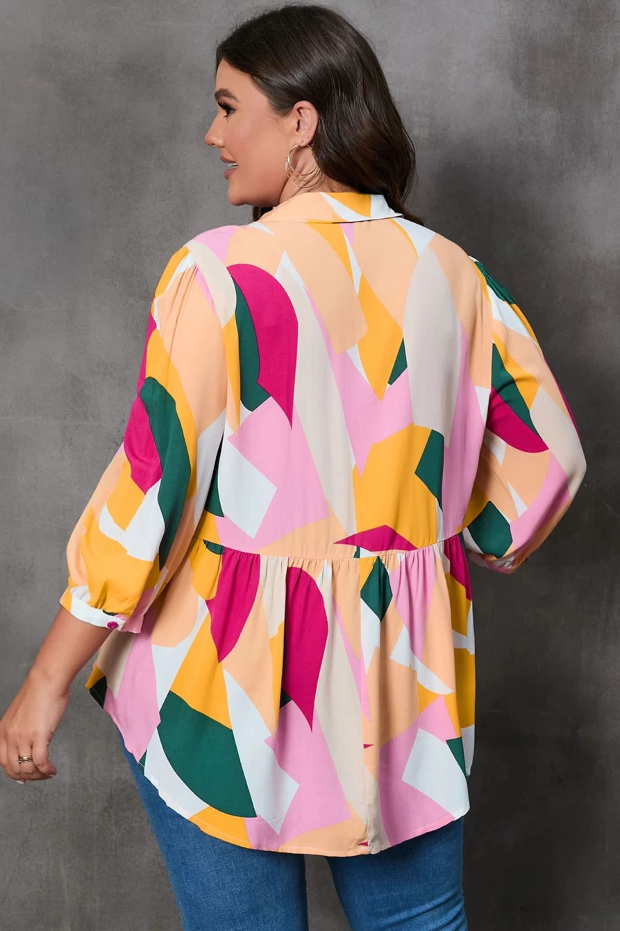 Shewin Women's Plus Size Ginger Geometric Print Flowy Blouse with Bracelet Sleeves