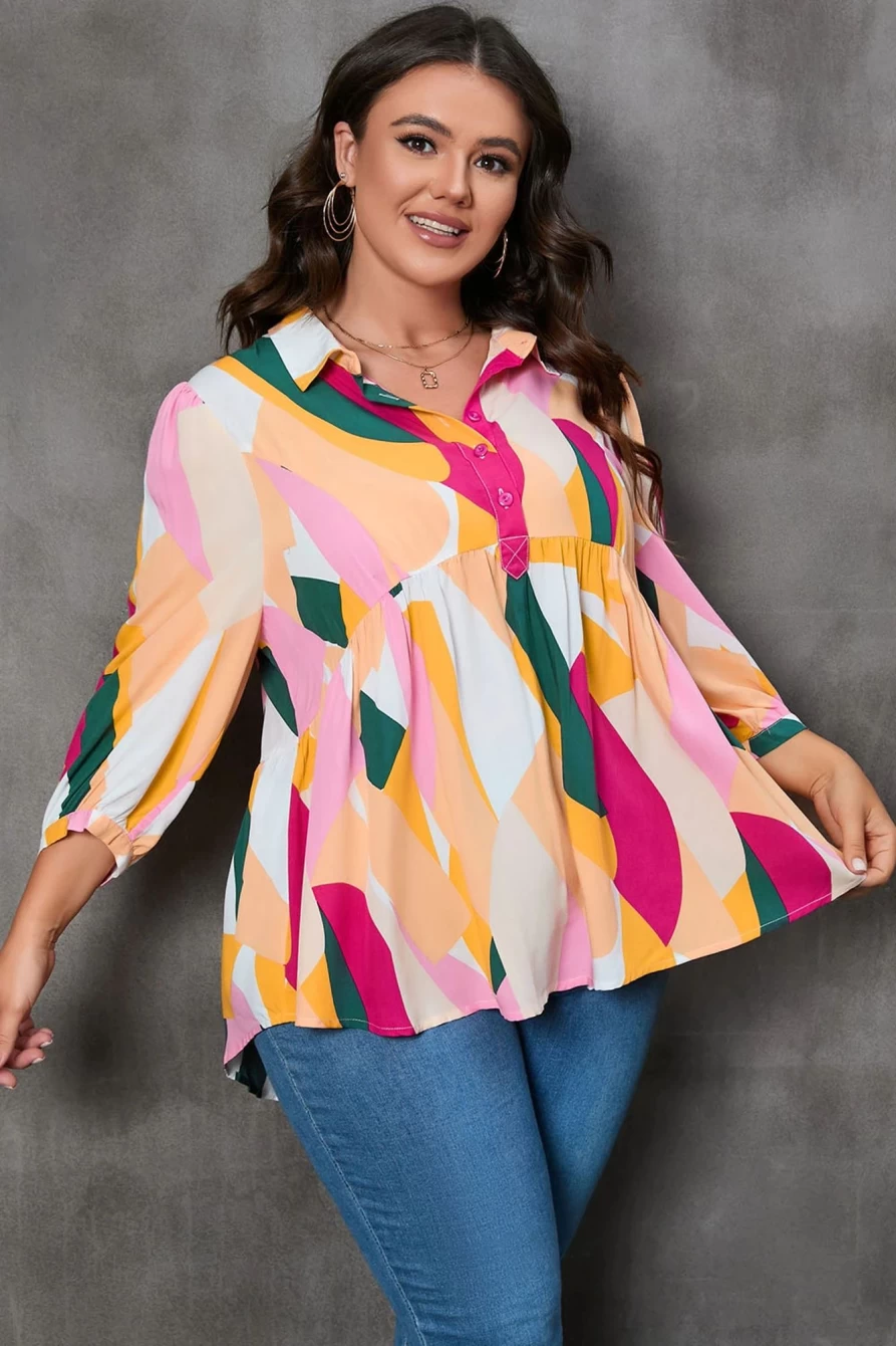 Shewin Women's Plus Size Ginger Geometric Print Flowy Blouse with Bracelet Sleeves