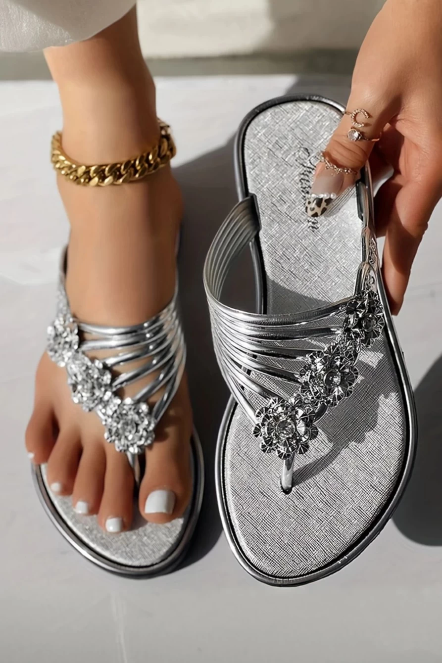 Shewin Women's Silvery Rhinestone Flower Strappy Sandals - Casual Flip Flops for Women