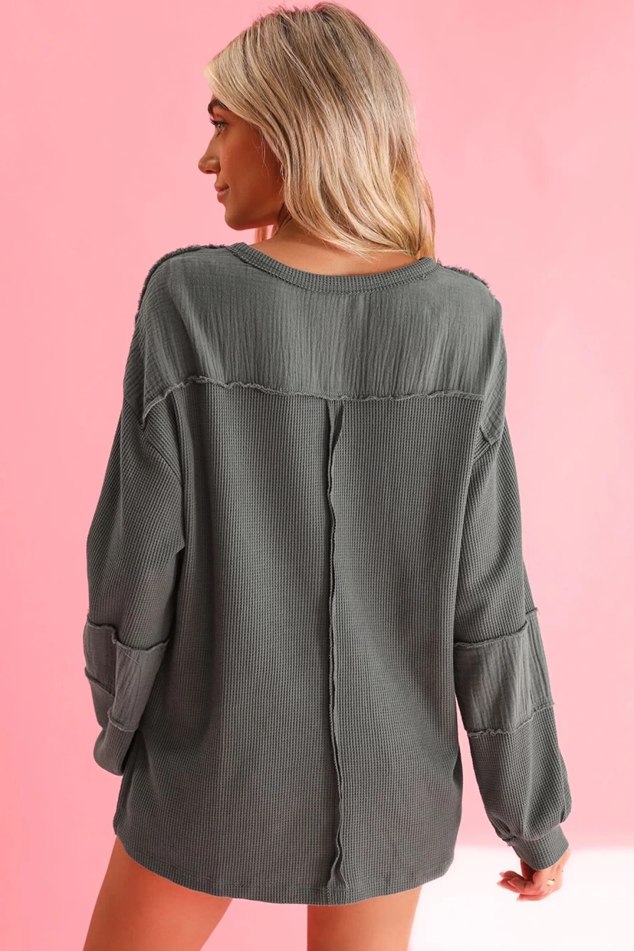 Shewin Women's Gray Waffle & Crinkle Patchwork Long Sleeve Top