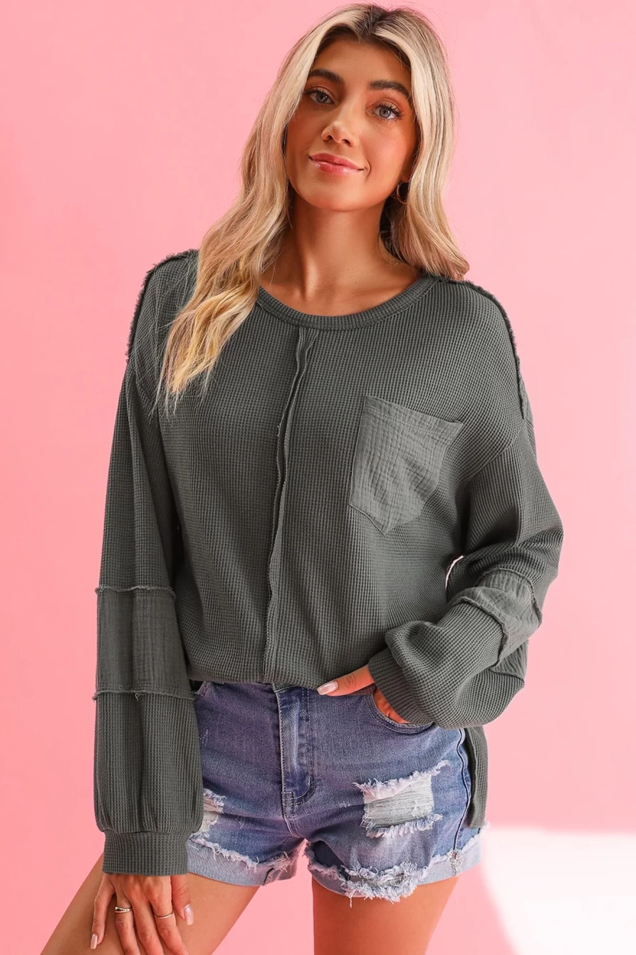 Shewin Women's Gray Waffle & Crinkle Patchwork Long Sleeve Top