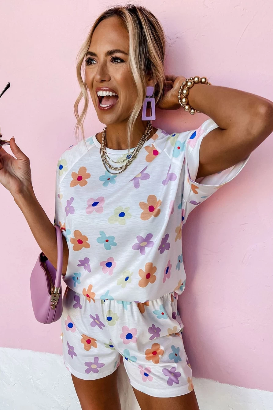 "SheWin Women's White Floral Print High Waist Shorts Set - Summer Short Sleeve Two Piece Outfit"