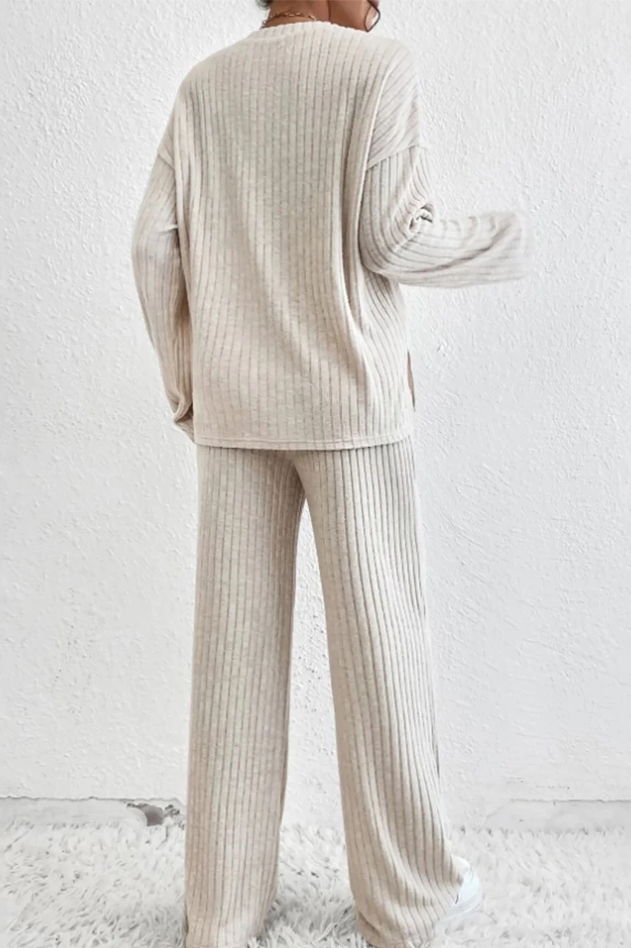 Shewin Women's Beige Ribbed Henley Top and Pants Set - Solid Color Casual Outfit
