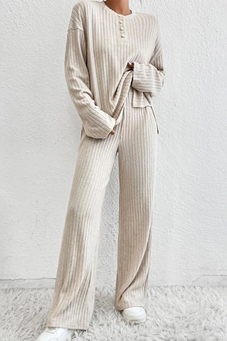 Shewin Women's Beige Ribbed Henley Top and Pants Set - Solid Color Casual Outfit