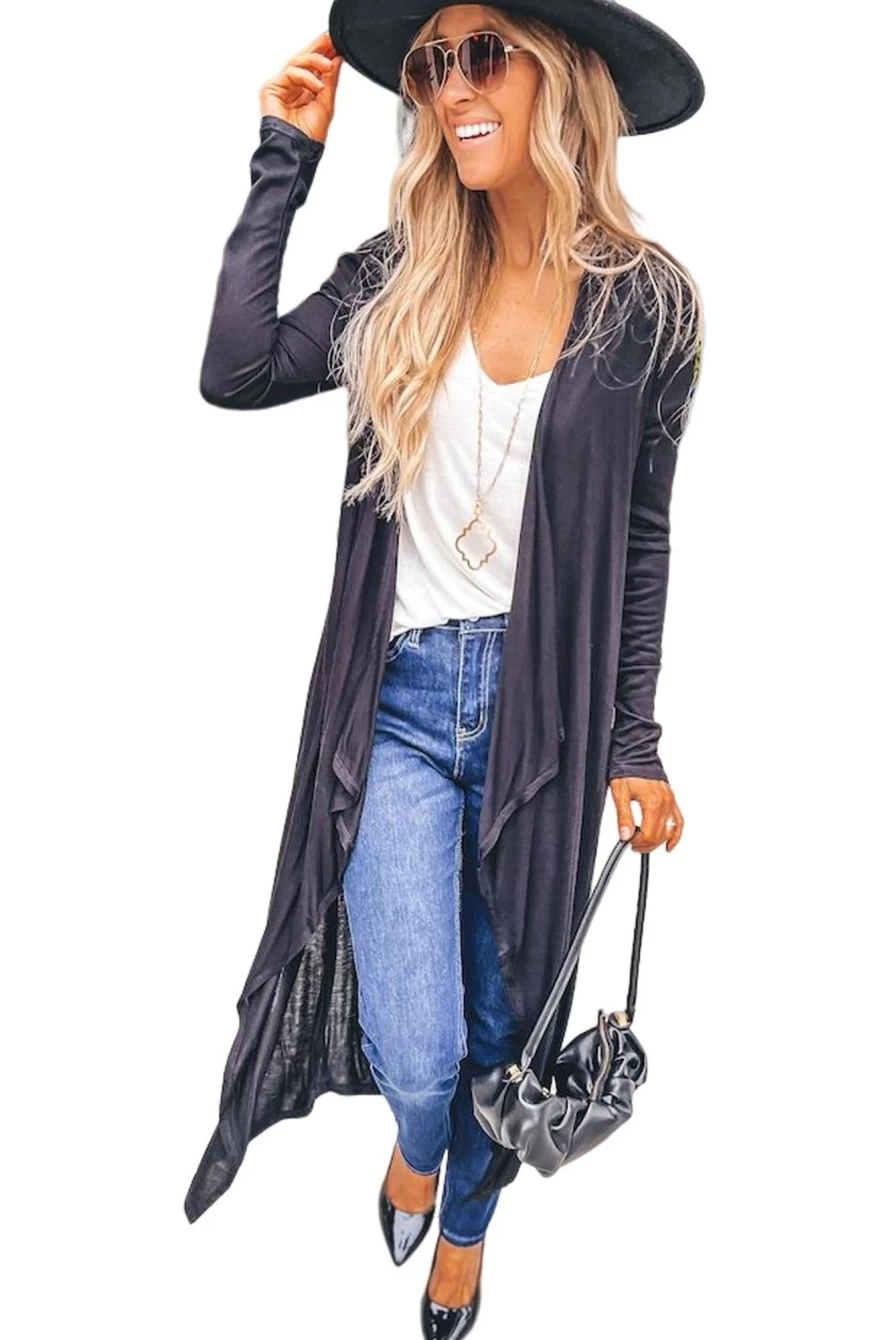 Shewin Women's Black Casual Long Cardigan with Draped Open Front