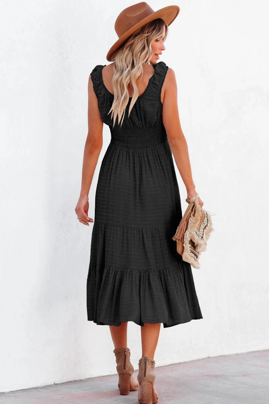 Shewin Women's Black U-Neck Sleeveless Ruched Tiered Ruffled Midi Dress