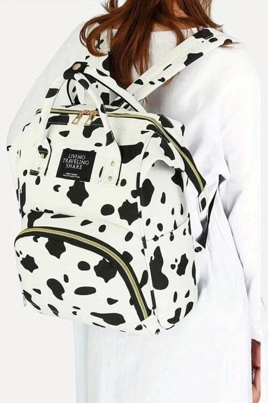 Shewin Women's Bright White Animal Print Canvas Backpack with Multiple Pockets