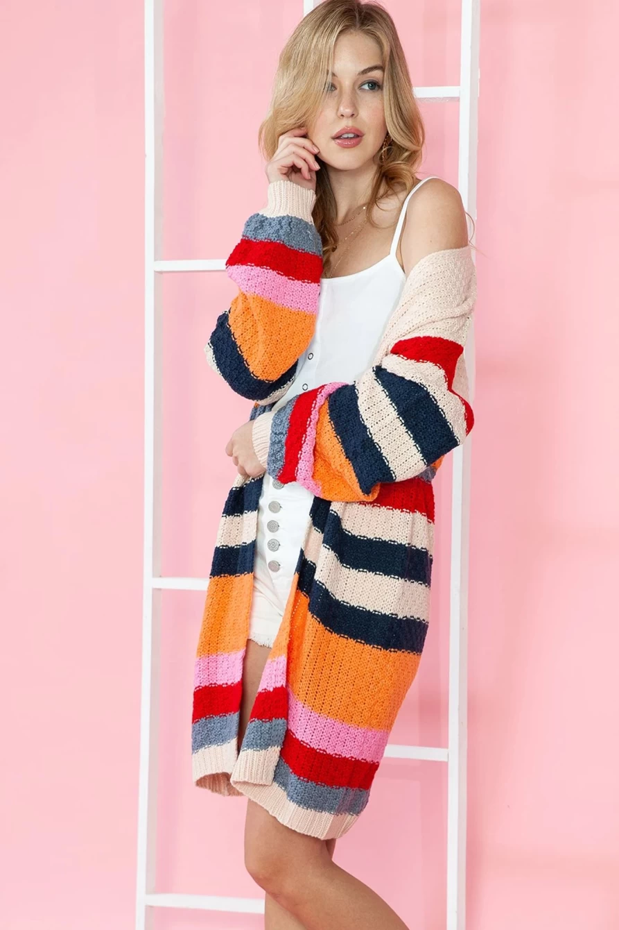 Women's Striped Knitted Balloon Sleeve Open Front Cardigan - Shewin