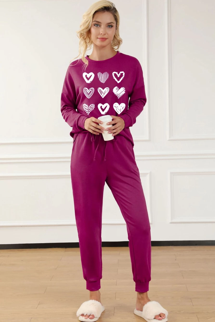 Shewin Women's Red Heart Graphic Pullover & Drawstring Pants Pajama Set - Cozy Sleepwear