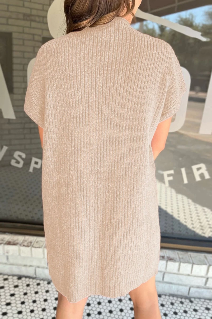 Shewin Women's Oatmeal Ribbed Knit Sweater Dress with Patch Pockets