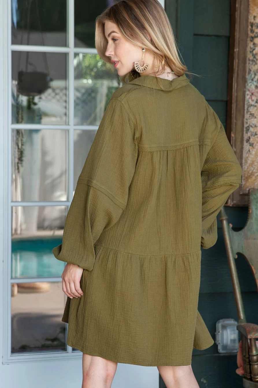 Shewin Women's Green Solid Color Casual Swing Dress with Gauze Collar and Long Sleeves