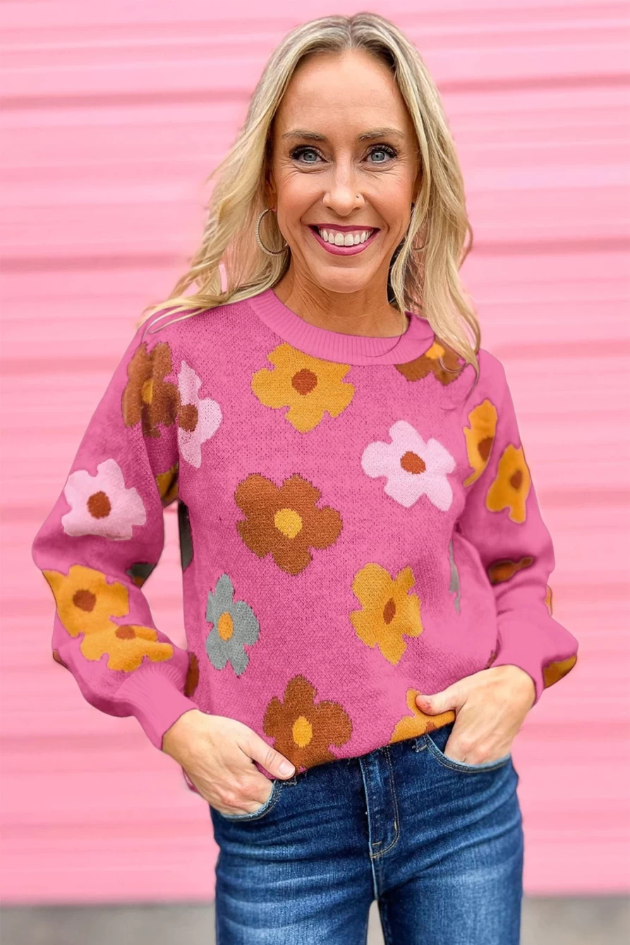 Shewin Women's Pink Sweet Flower Ribbed Contrast Knit Sweater