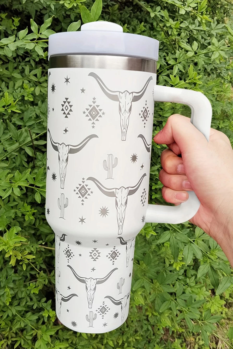 Shewin Women's White Stainless Steel Tumbler with Lid & Straw - Animal Horn Design