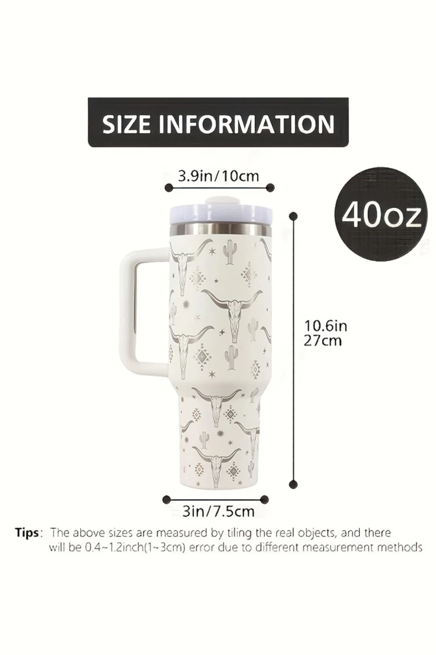 Shewin Women's White Stainless Steel Tumbler with Lid & Straw - Animal Horn Design