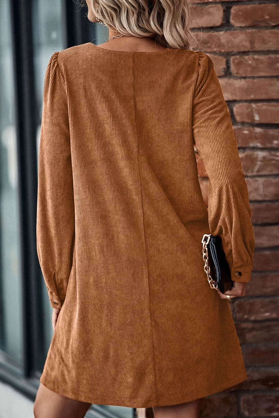 Shewin Women's Chestnut Solid Color Puff Sleeve Ribbed Mini Dress