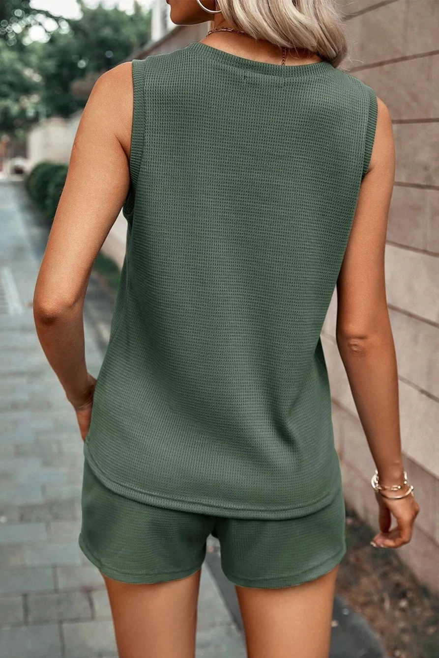 Shewin Women's Mist Green Waffle Knit Tank Top & Shorts Set - Summer Loungewear Outfit