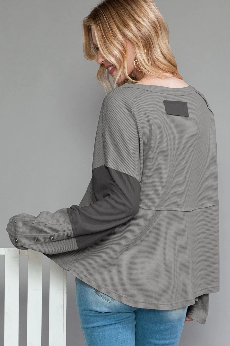 Shewin Women's Medium Grey Waffle Knit Top with Patchwork Detail & Exposed Seam Buttons