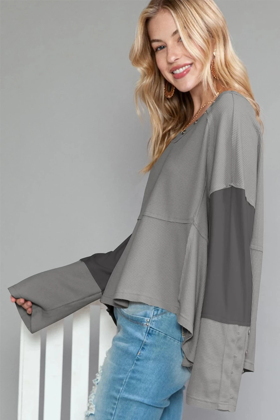 Shewin Women's Medium Grey Waffle Knit Top with Patchwork Detail & Exposed Seam Buttons