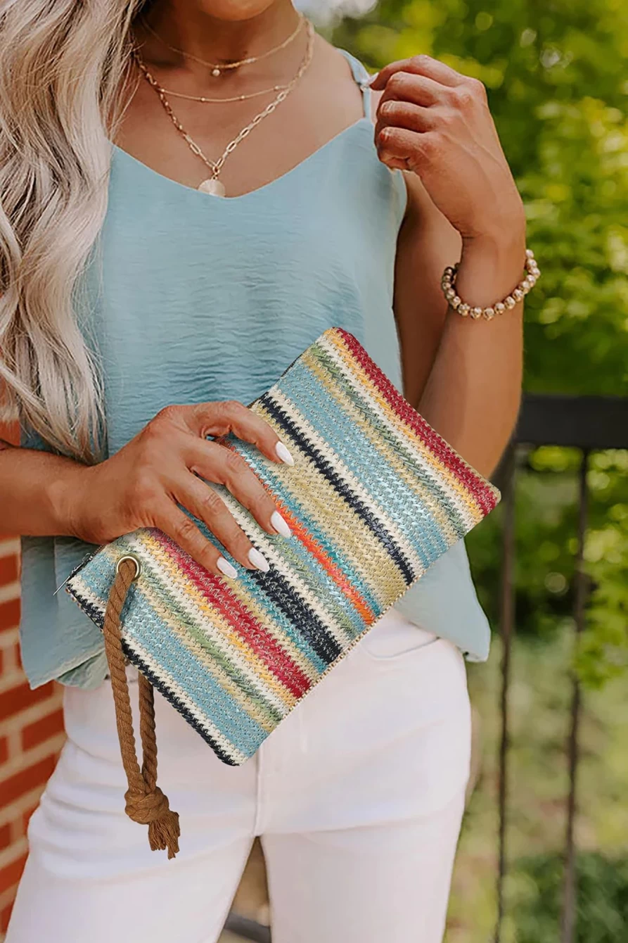 "Shewin Women's Multicolor Colorblock Woven Straw Bag with Zipper"