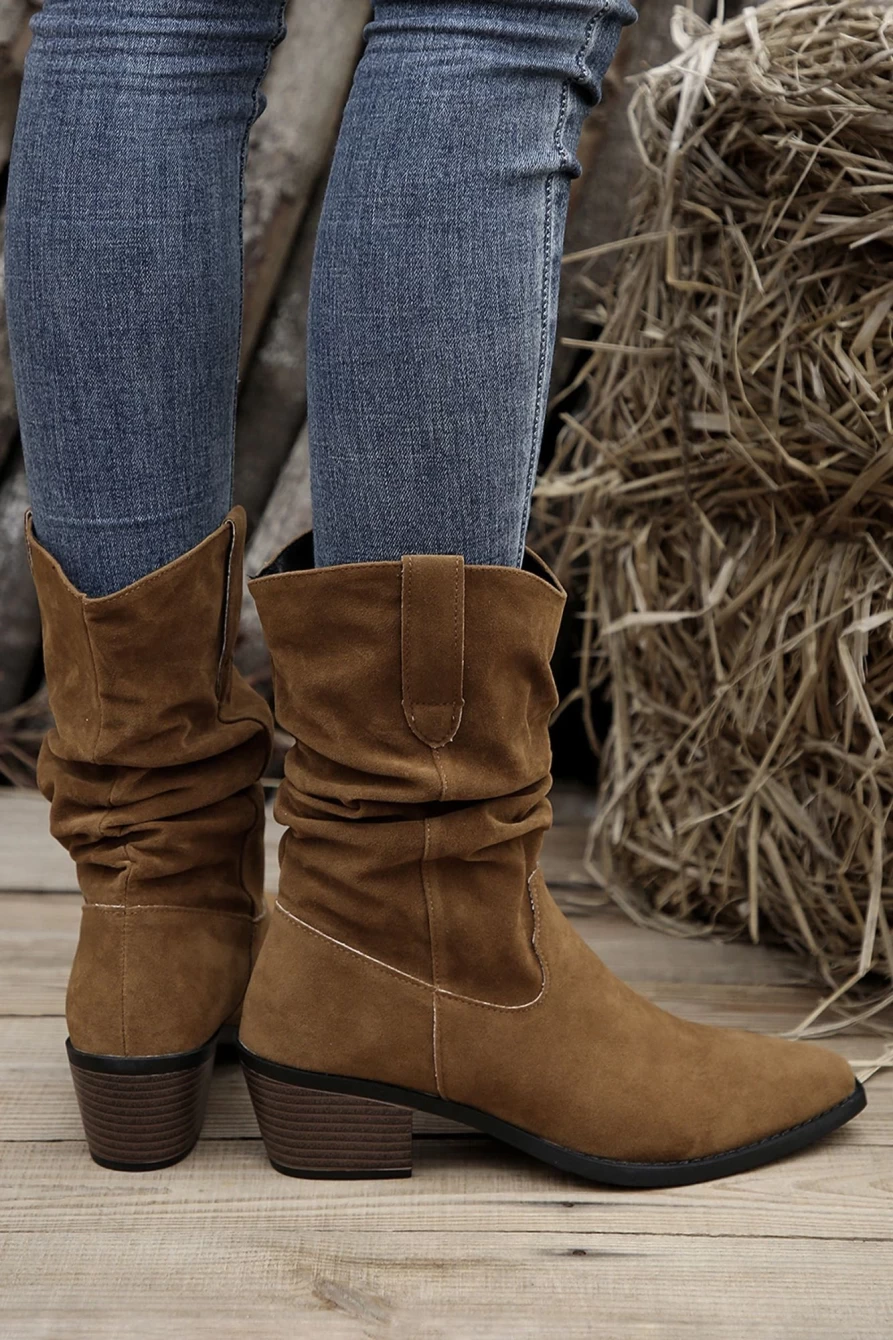 Shewin Women's Chestnut Suede Pointed Toe Boots with Thick Heel & Scrunch Detail
