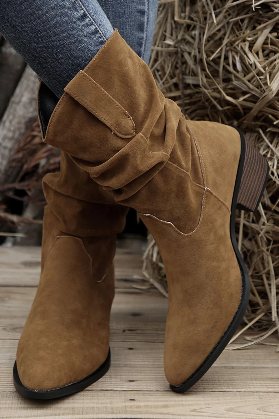 Shewin Women's Chestnut Suede Pointed Toe Boots with Thick Heel & Scrunch Detail
