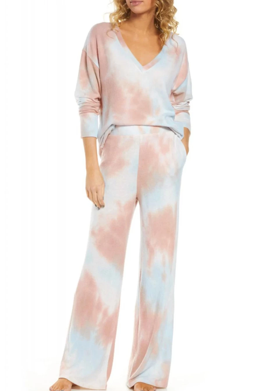 Shewin Women's Multicolor Tie Dye V-Neck High Waist Loungewear Set