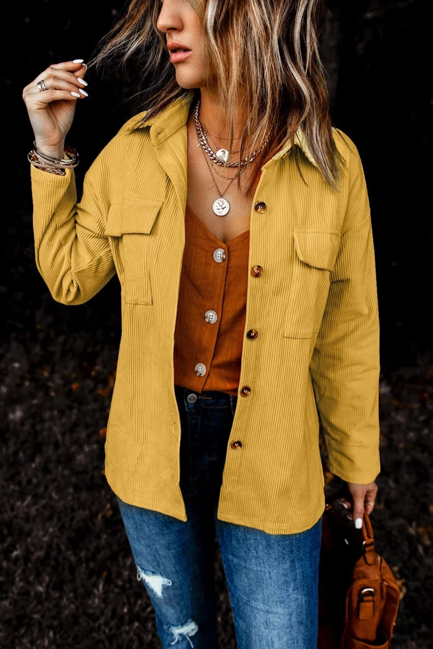 Shewin Women's Yellow Pocketed Button-Up Ribbed Textured Shacket Coat