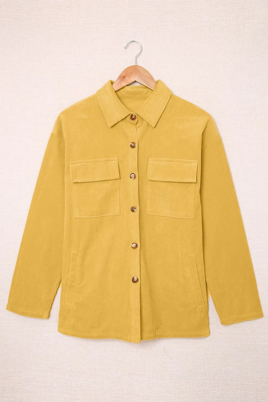 Shewin Women's Yellow Pocketed Button-Up Ribbed Textured Shacket Coat