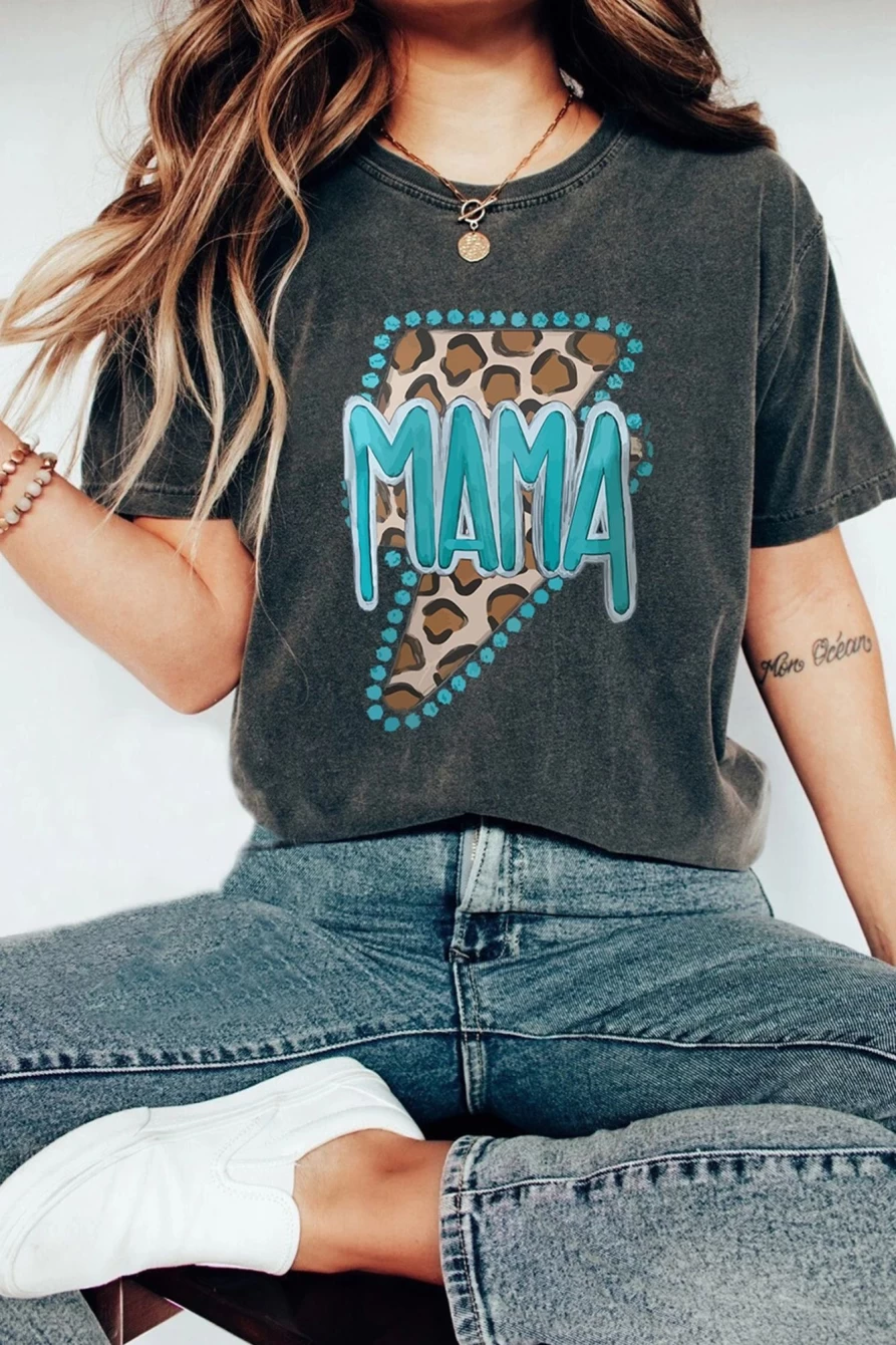 Shewin Women's Black Leopard Lightning Graphic Print Crewneck T-Shirt