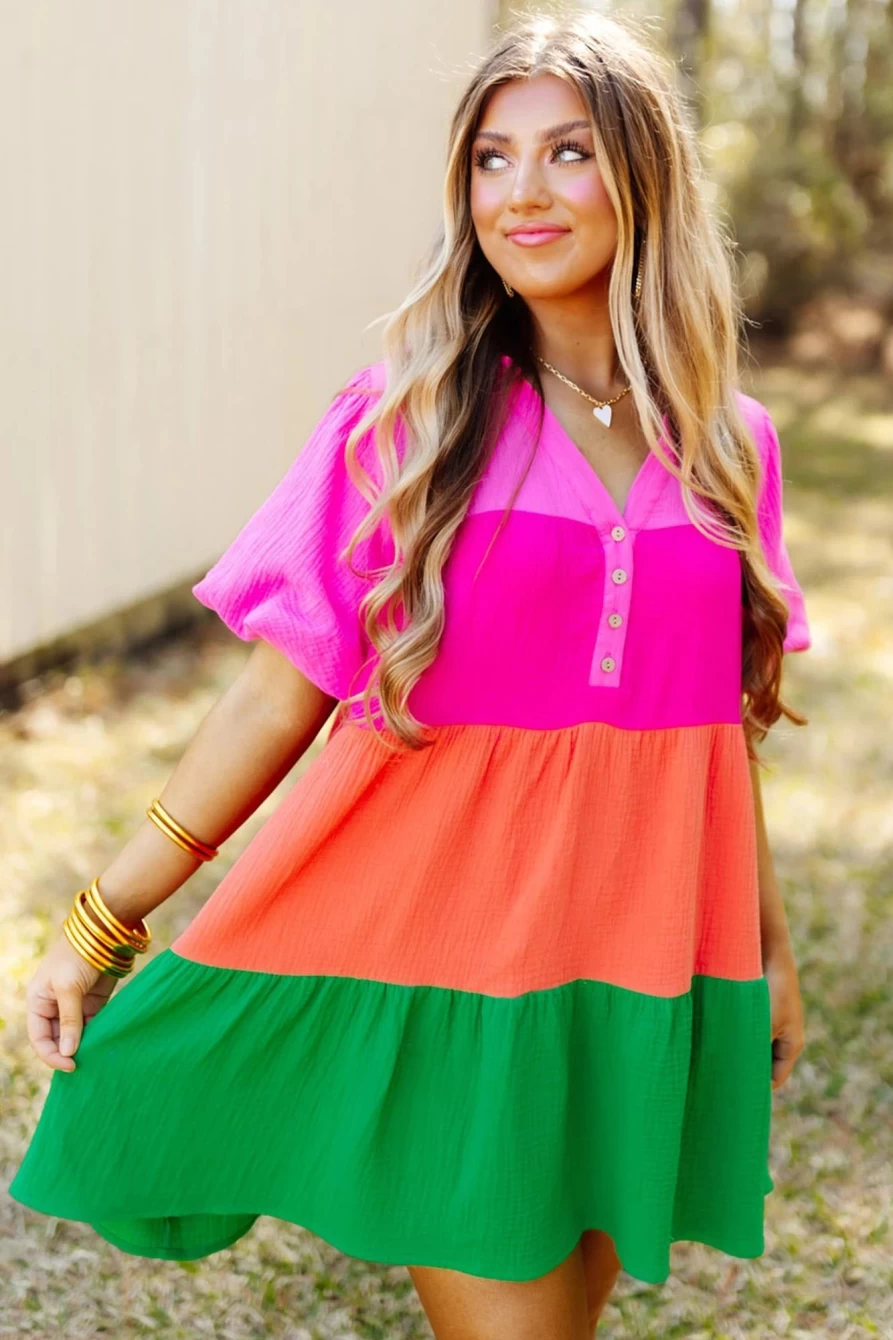 Shewin Women's Multicolor Color Block Tiered Puff Sleeve Dress