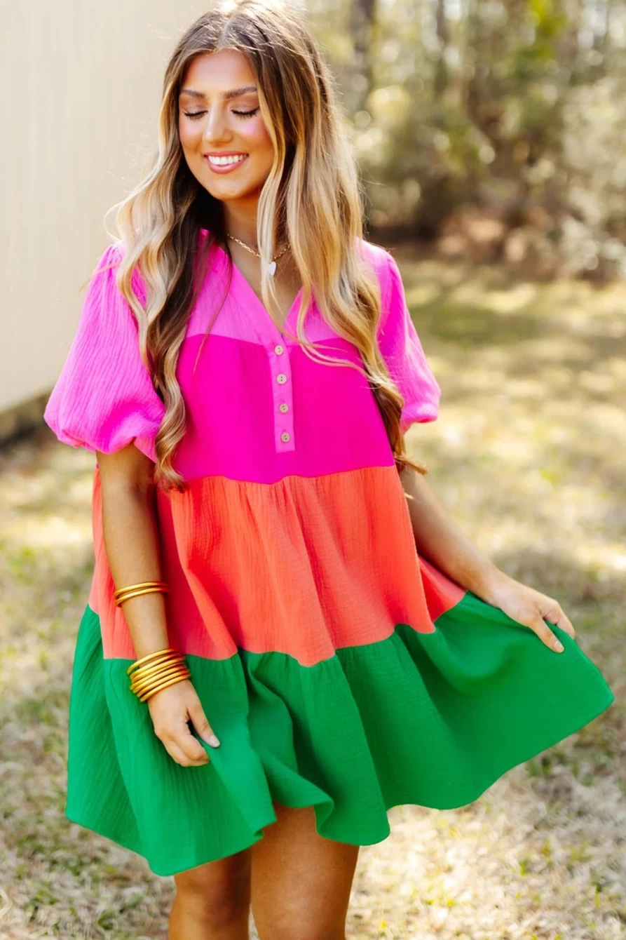 Shewin Women's Multicolor Color Block Tiered Puff Sleeve Dress