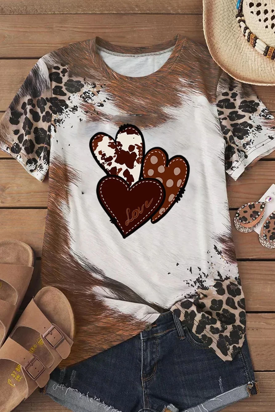 Shewin Women's Chestnut Tie-Dye Leopard Heart Print Round Neck T-Shirt