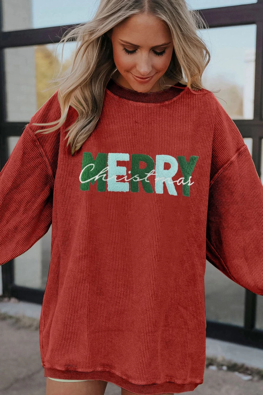 "SheWin Women's Racing Red Christmas Letter Graphic Sweatshirt - Festive Corded Pullover"