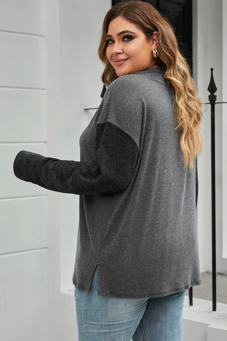 Shewin Women's Plus Size Black Ribbed Long Sleeve Henley Top
