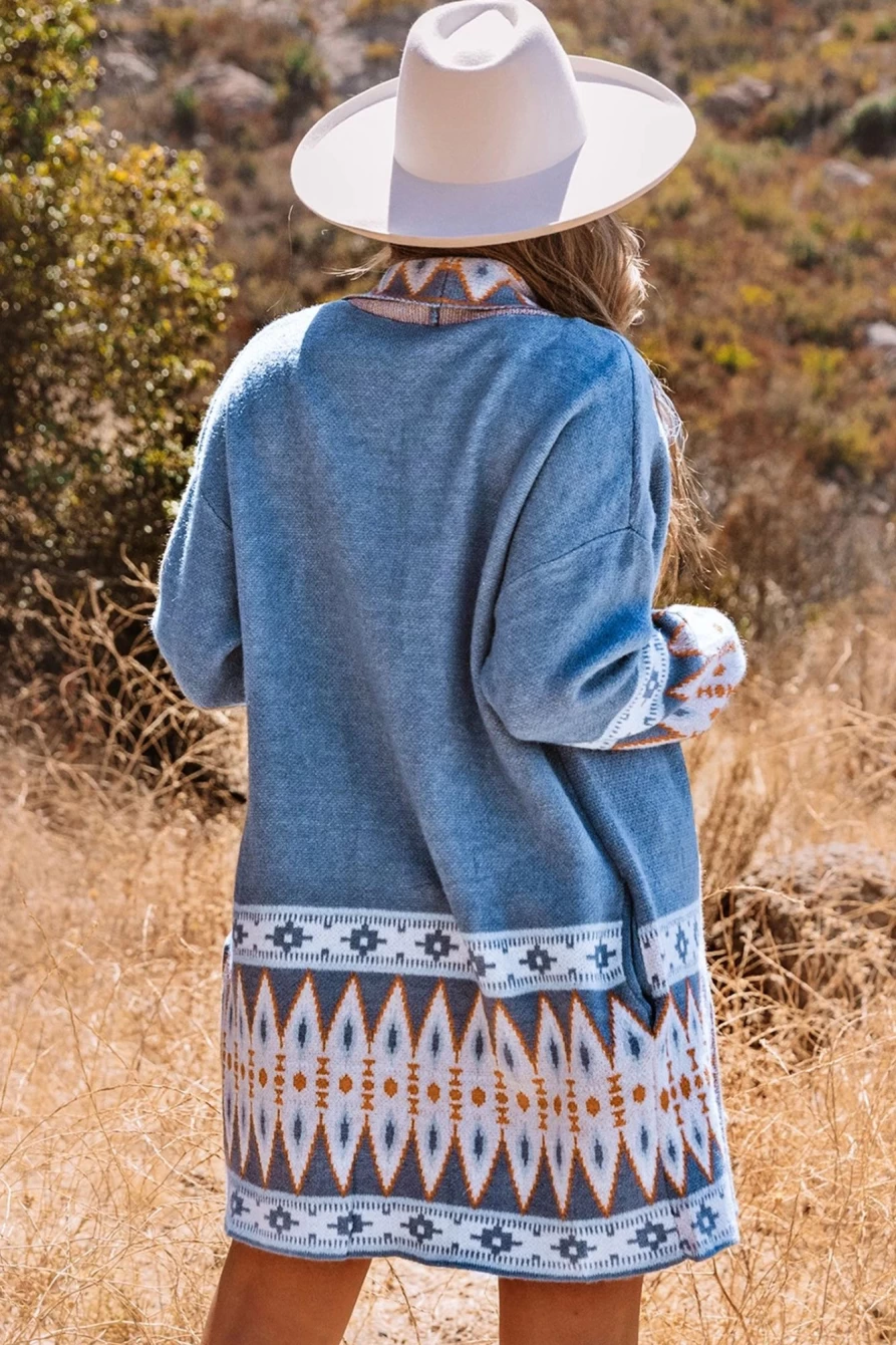 Shewin Women's Blue Geometric Print Open Front Knit Cardigan