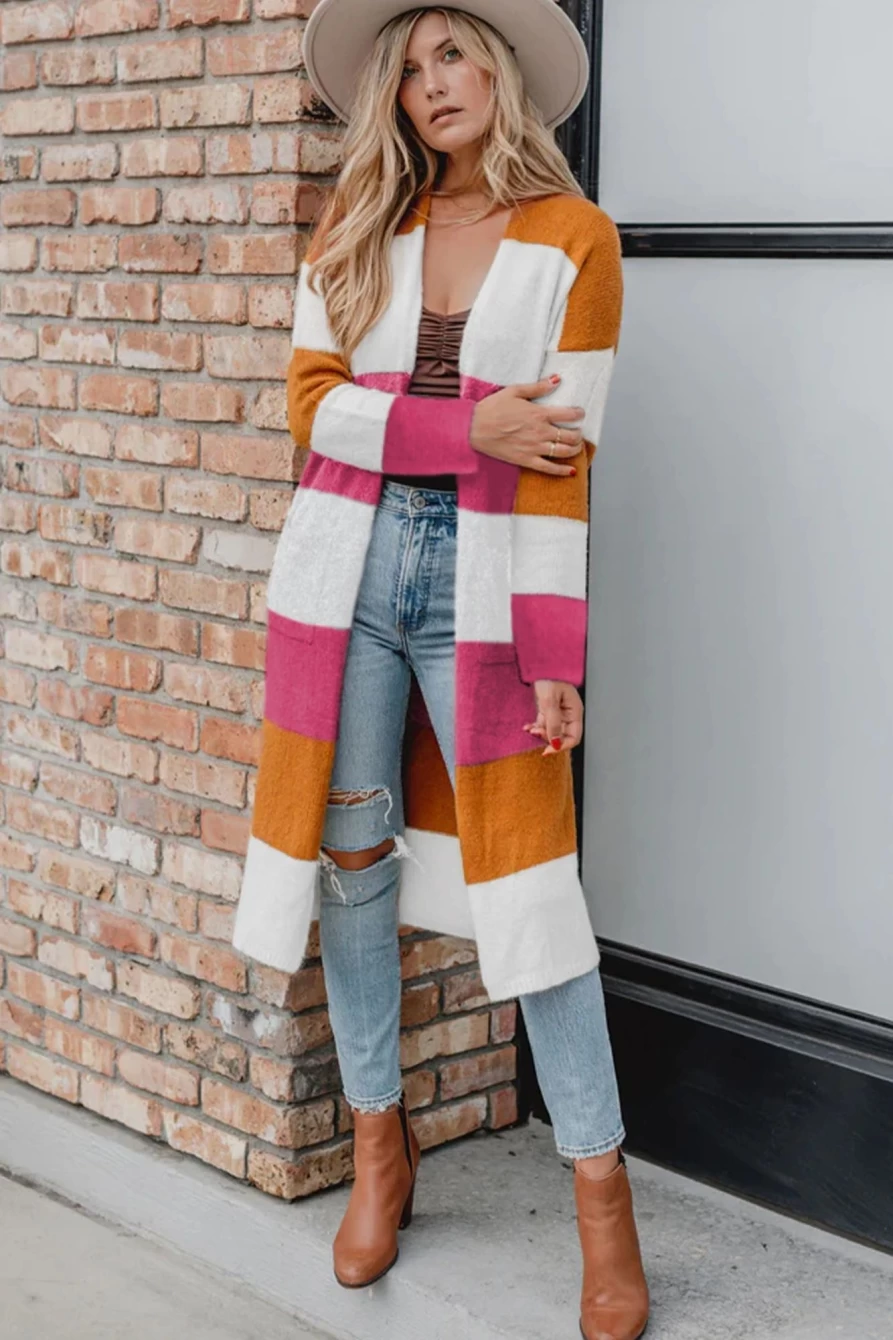 "Shewin Women's Rose Red Knitted Color Block Long Cardigan Open Front Sweater"
