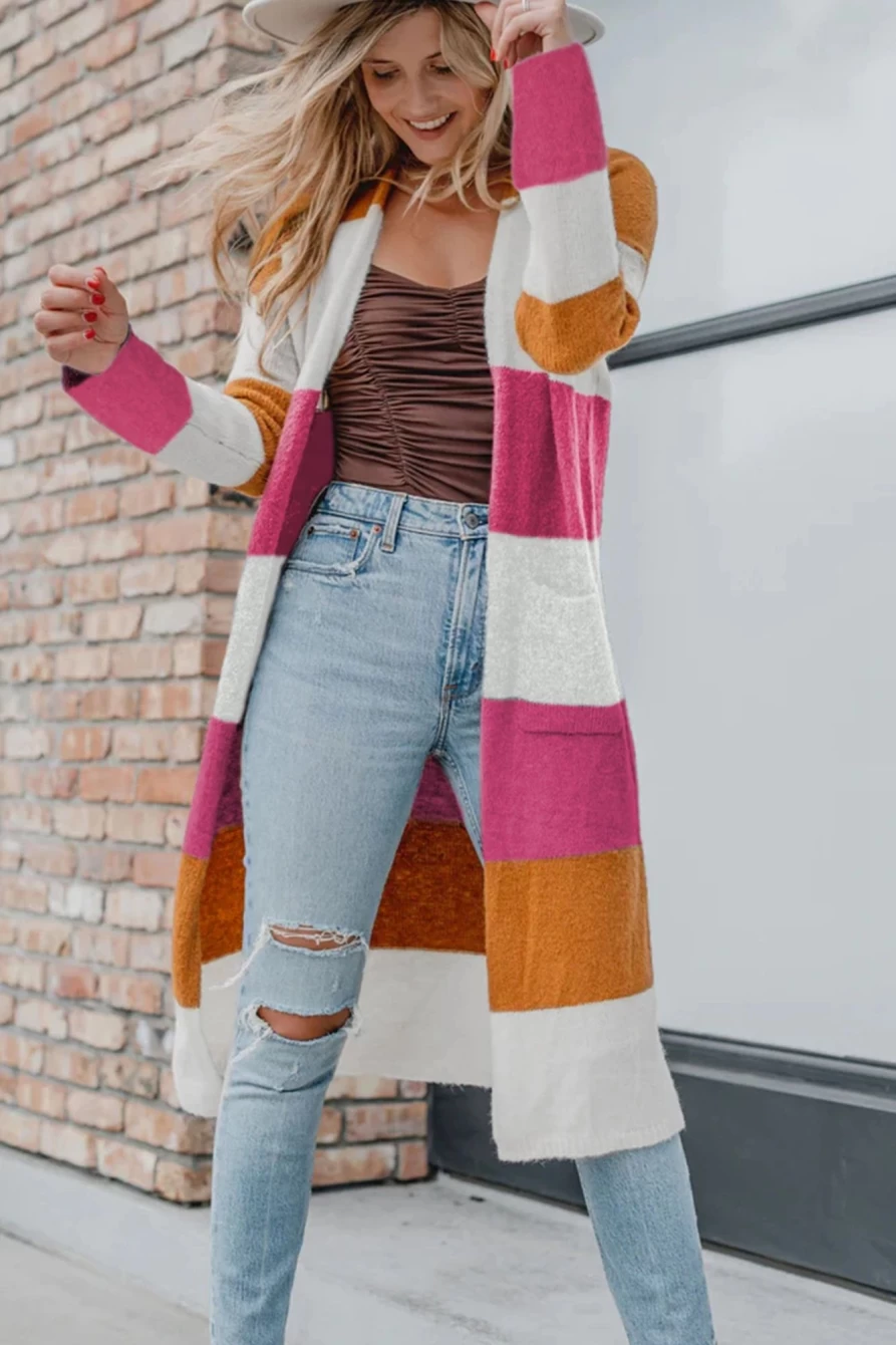 "Shewin Women's Rose Red Knitted Color Block Long Cardigan Open Front Sweater"