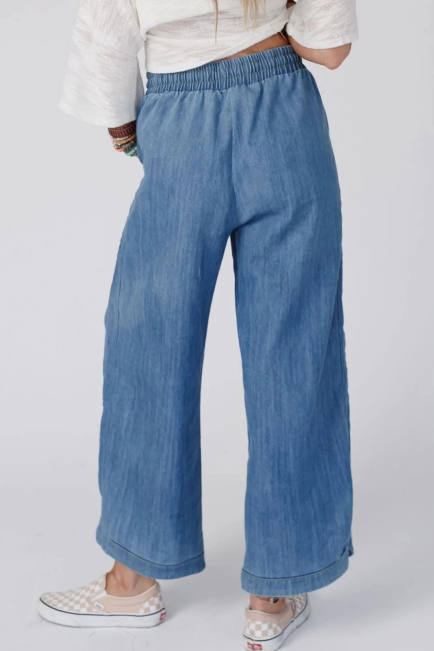 Shewin Women's Sky Blue Drawstring Waist Wide Leg Loose Pants